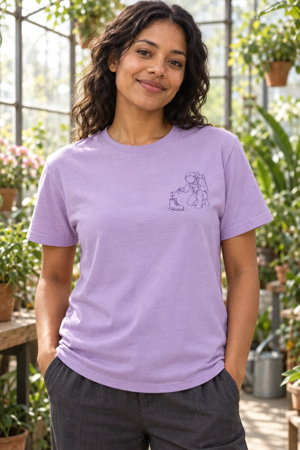A woman in a lilac T-shirt with a small astronaut watering a flower in a space boot on the left chest, in a greenhouse.