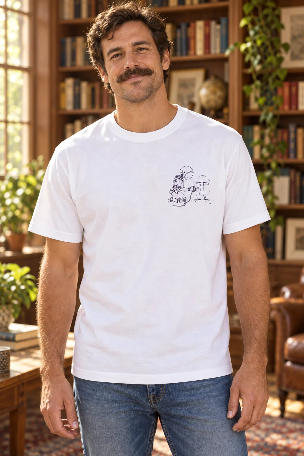 A man with a full moustache in a white T-shirt with a small robot and mushroom illustration on the left chest, in a warm library.