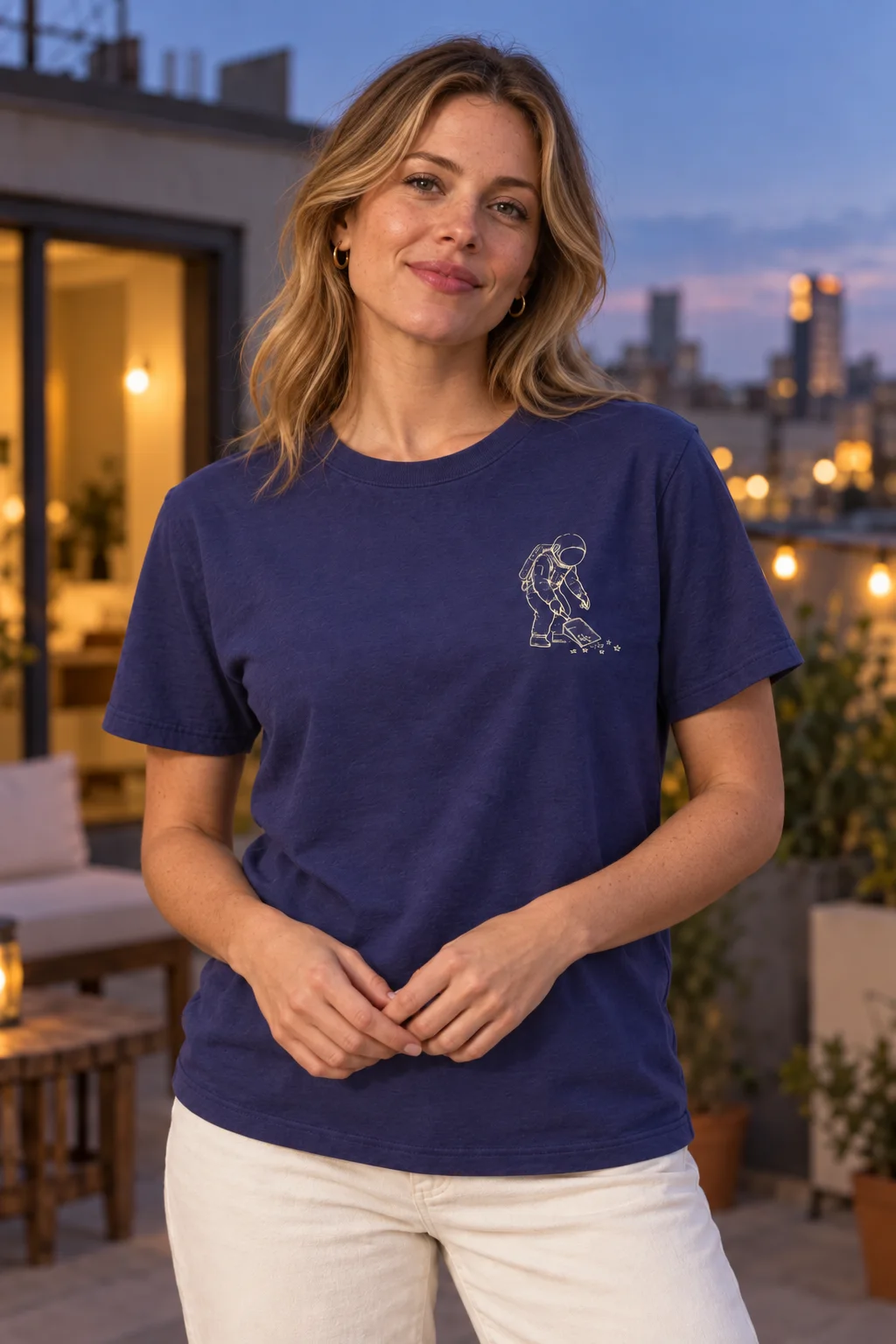 A white woman with her hands together at her waist, wearing an indigo T-shirt with a small cream astronaut collecting stars on the left chest, on a rooftop at dusk.